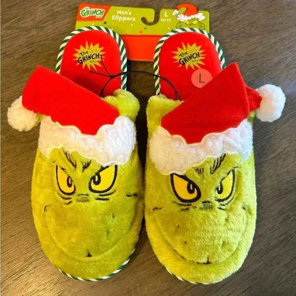 Other - Men’s The Grinch Santa hat Holiday plush Christmas slippers slip on